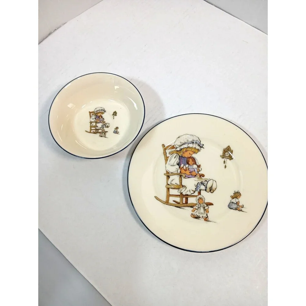 Vintage Lenox Holly Hobbie Child’s Plate and Bowl Set Blue Rim Nursery Baby Dish